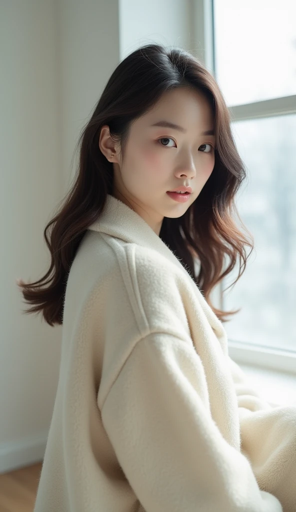 Photograph the whole body、22 year old Japanese woman、Winter clothing、Soft lighting、Highly detailed face and skin texture、Medium Hair、Various poses、Light makeup、Natural color lip、(In a room with white walls and a window)、((Highest quality、8k、masterpiece、high resolution:1.3))