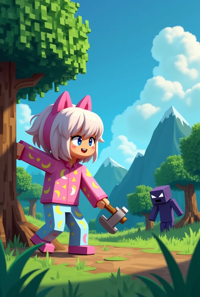 A mi minecraft character of my skin (which uploaded in gogle with the name of SWEET DREAMS MINECRAFT SKIN ) cutting woods and herobrine seeing him from far distance