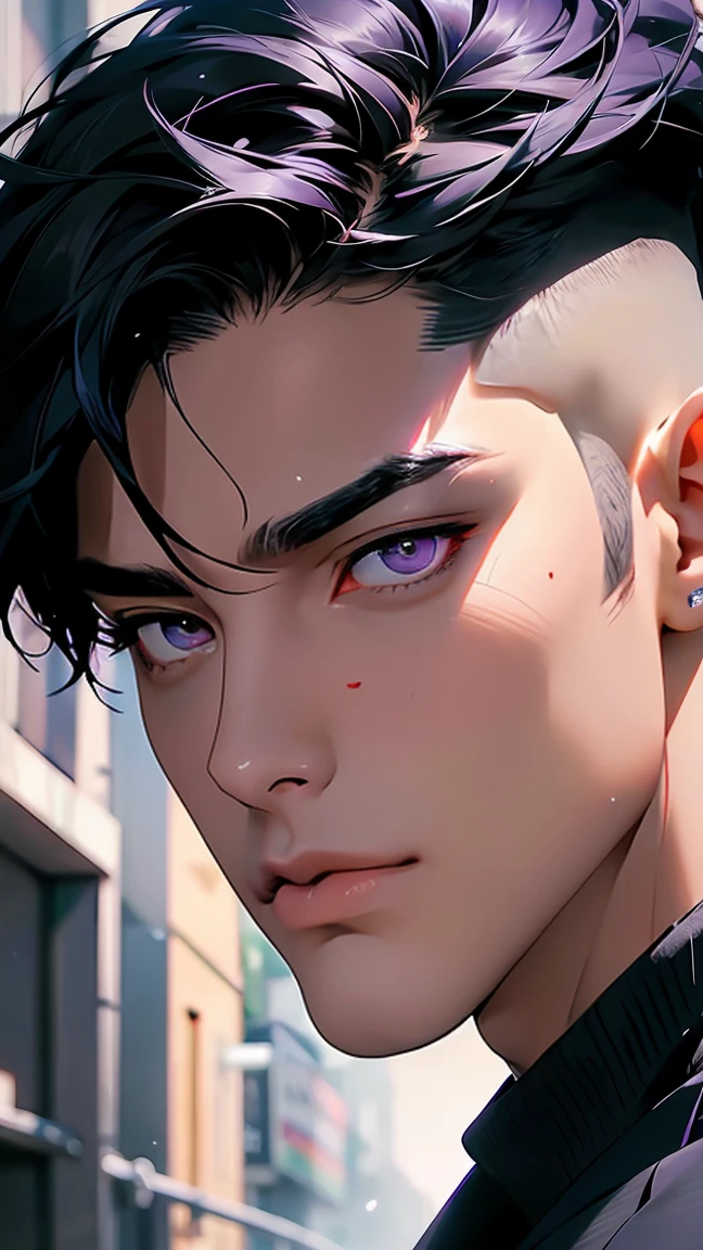 A male character is depicted from a side viewpoint with his face facing the camera. The character has white skin and black hair. His right eye is blue and his left eye is purple. Purple rays emanate from his violet eye towards his ear. Only the character's face is visible, other details are blurred.