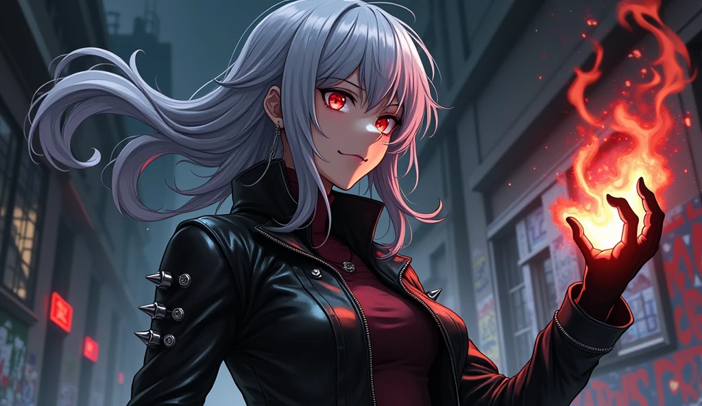  The anime character with gray hair,Eyes red,wears a black leather jacket with spikes,summons black fire in their hand 