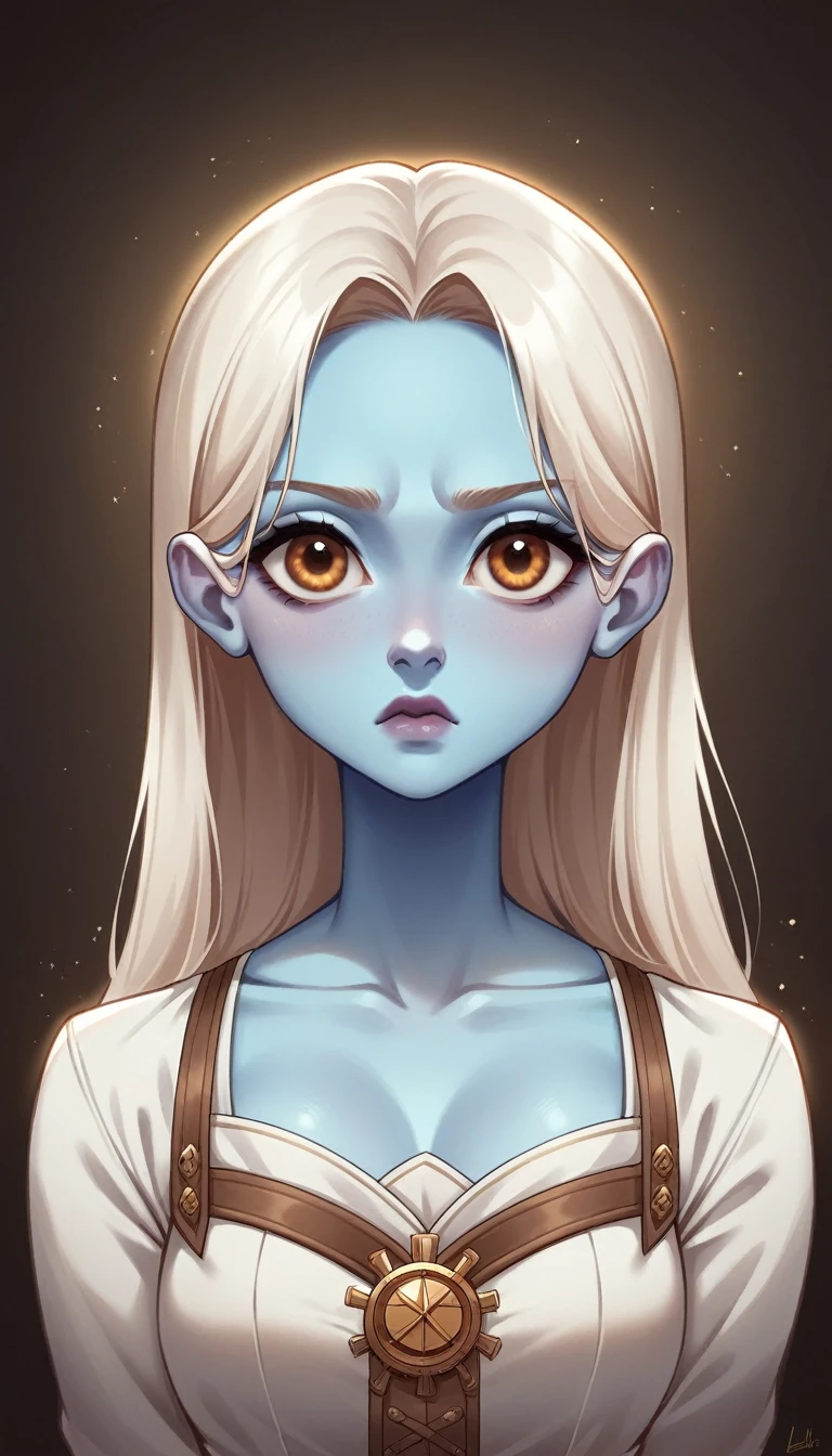 Masterpiece, best quality, hand-drawn style, lots of details, high quality, right shadows and ligh, female character age 35 years, azure-blue skin, oval face, round face, white long hair, oval brown-amber eyes, straight small snub nose, rising thin eyebrows, downward-turned lips, small chin, casual steampunk fantasy clothing