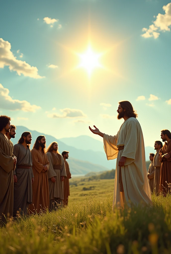 “Jesus standing on a small hill, surrounded by a group of attentive followers. He is dressed in traditional robes, gesturing with His hands as He speaks. The scene is bathed in natural sunlight, with green grass and a clear blue sky in the background. The people around Him are listening intently, showing respect and admiration.”