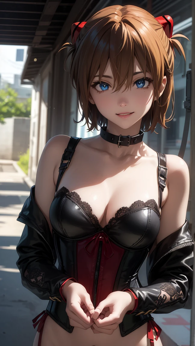 sugar, asuka langley soryu, (Suryu Asuka Langley:1.2), short hair, green eyes, Red hair, hair ornament,
break (cute face, ,end,Rubber,Black corset,Connection,Collar,nsfv:1.2),
break Dystopian City Alley Contempt，smile、large breae twelve,
break (masterpiece:1.2), Best quality, a high resolution, unity 8k wallpaper, (illustration:0.8), (beautiful detailed eyes:1.6), very detailed face, perfect lighting, extremely detailed computer graphics, (perfect hands, Ideal Anatomy),