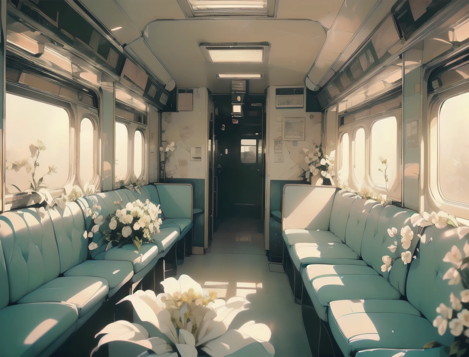 (((Masterpiece, top quality))), (((32K wallpaper))), ultra high resolution, gorgeous light leak, (((backlit))), highly detailed background, top quality, (((no humans))), Empty train, (((White flower))), (((( very dull color )))), ((((Detailed train seating))), (((Strong light shines in)))、白い布、ベール