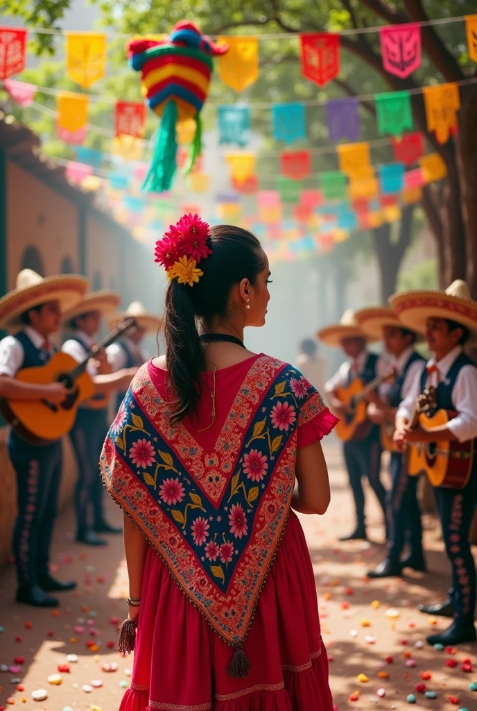 Make an image of a Mexican Adelita in a Mexican-style party environment, it will also have a piñata, candy, and mariachi, the Adelita has a photorealistic 3D name "REBECA"