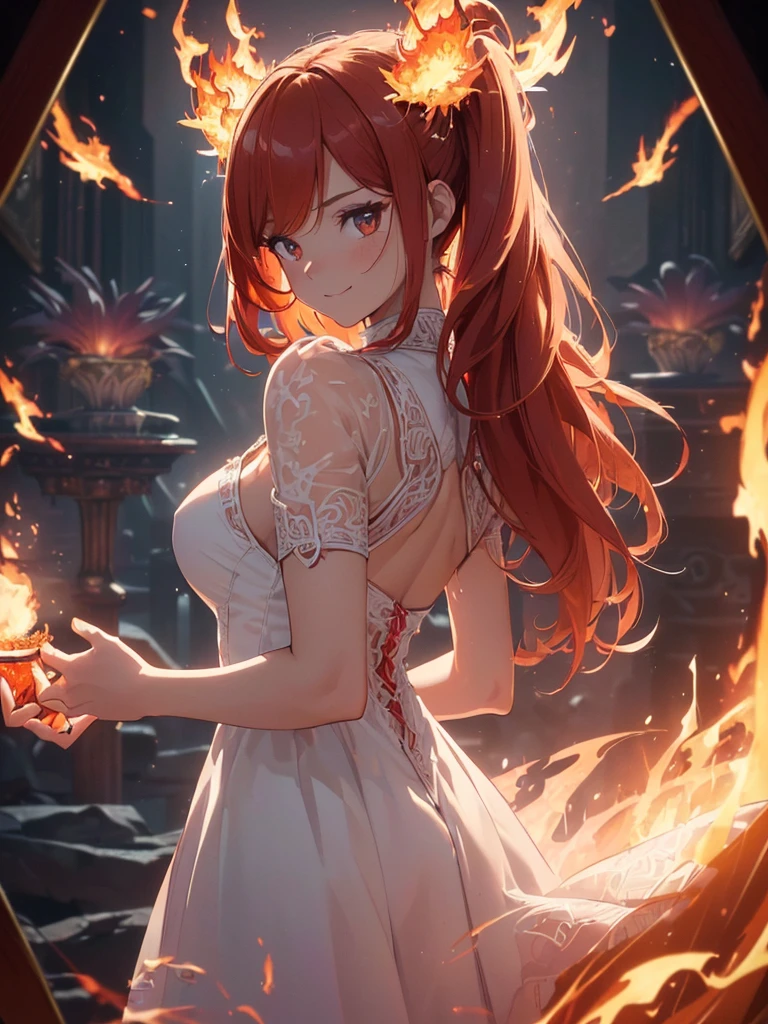 (((best quality, sharp image, clear image, cinematic lighting, 8k resolution, masterpiece, ultra detailed, intricate))) Girl, (((looking over left shoulder))), (shot from behind), ((half shot)), fiery red hair, pigtails, ((white dress)), ((flaming sigils, flaming runes)), spiky rock formations, (flaming lotus flowers frame), (intricate background), ((Phoenix)), (swirling flames), smiling