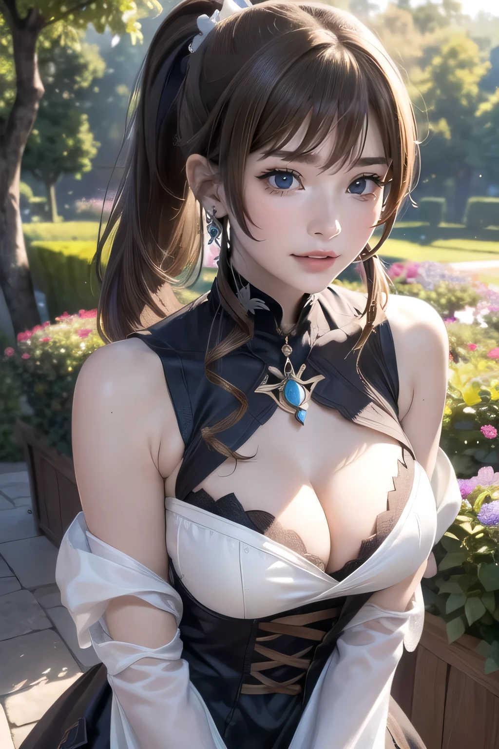 (masterpiece), best quality, expressive eyes, perfect face, snowy winter city streets, large teardrop breasts, side bangs, hair over eye, long ponytail, green eyes, deep cleavage, classy luxurious fur dress in black with gold details, ultra detailed, perfect face, thicc, cat girl, cat ears,