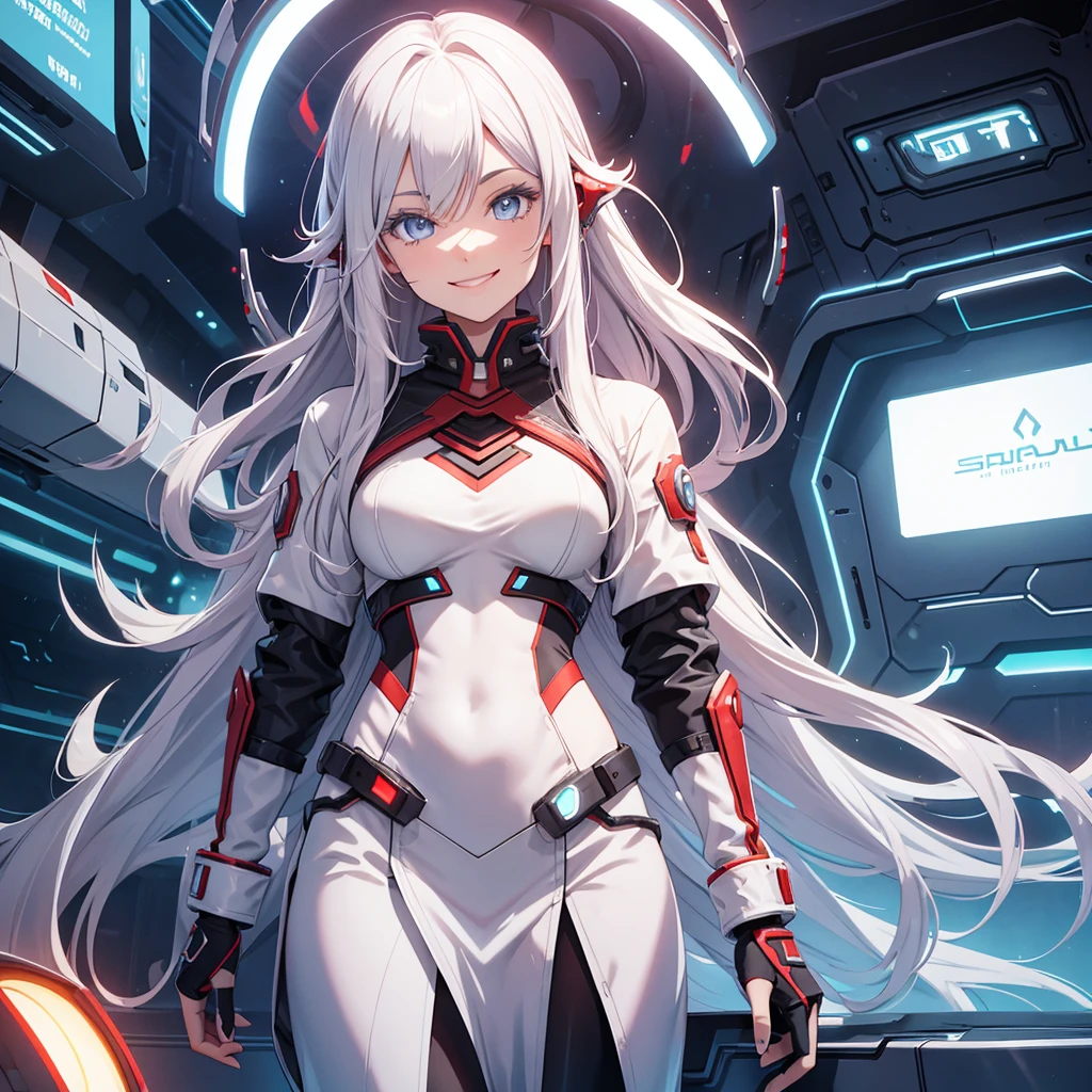 Draw a smiling girl in a futuristic spaceship setting. Your hair is white and has a scarlet red streak in it.