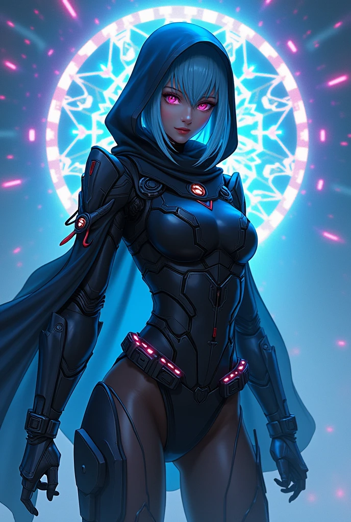 (masterpiece:1.2, Highest quality,High resolution,Super detailed),8k,wallpaper,(Very detailed),(Armored Core Style),1 female, Light Blue Hair,(Assassination Squad Ninja),(Black Ninja Robot Armor),(black-hooded-cloak,mask),(The background is a world of illusions and geometric patterns reminiscent of a kaleidoscope.:2.0),(Detailed face:1.3),(Detailed body:1.3),((Cowboy Shot)),cyber punk,(dynamic),(Detailed hands:1.6),(Detailed hands),(Preparing for battle,Use illusions:2.0),(Flashy special move effects:2.0)