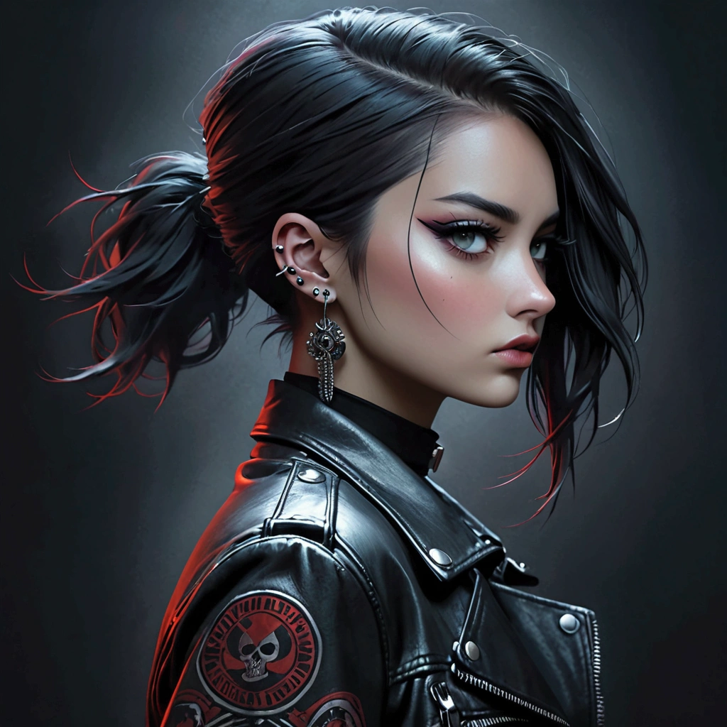 "A striking digital art piece featuring a girl with a badass look, embodying an intense and modern style. The girl exudes confidence and strength, with a dark, edgy vibe. Her expression is fierce, and she’s adorned in bold accessories like a leather jacket, piercings, and a choker. The background is shadowy and atmospheric, with deep, moody colors and sharp contrasts that highlight her powerful presence. The overall composition is sleek and dynamic, capturing the rebellious and fearless essence of the character."