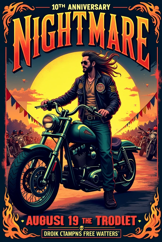 Vintage Motorcycle Event Flyer in Portuguese: 10th Anniversary Nightmare MC