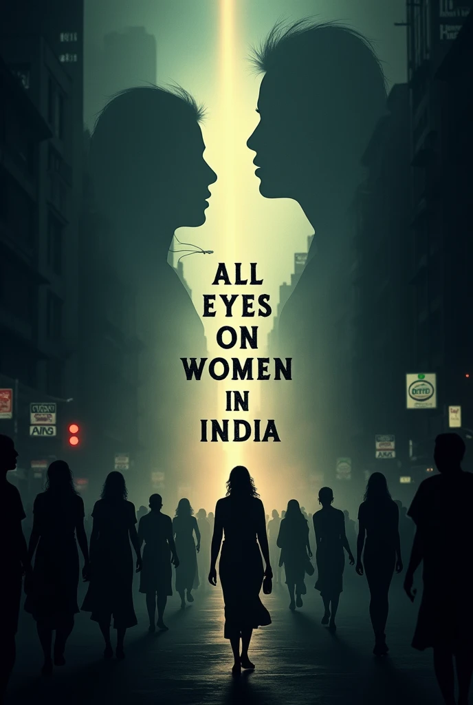 "Create a powerful AI-generated image highlighting the urgent issue of women's safety in India. The scene should depict a dark, crowded urban setting with silhouettes of women walking, each shadowed by looming, faceless figures symbolizing the threats they face. In the center of the image, a single, strong beam of light should illuminate the words ALL EYES ON WOMEN IN INDIA written in larger, bold letters, casting a stark contrast against the darkness around it. The overall tone should evoke a sense of urgency and demand for change, encouraging viewers to raise their voices against the violence and injustices women face."