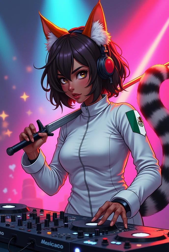 You are going to make an anime-style caricature of a dark-skinned woman with short, wavy brown hair and dark brown eyes., His attire is a fencing suit with the Mexican flag on the shoulder., with orange fox ears, and a very fluffy grey Lemur tail on a DJ console with her headphones on and holding a fencing sword in her hands and she looks very angry