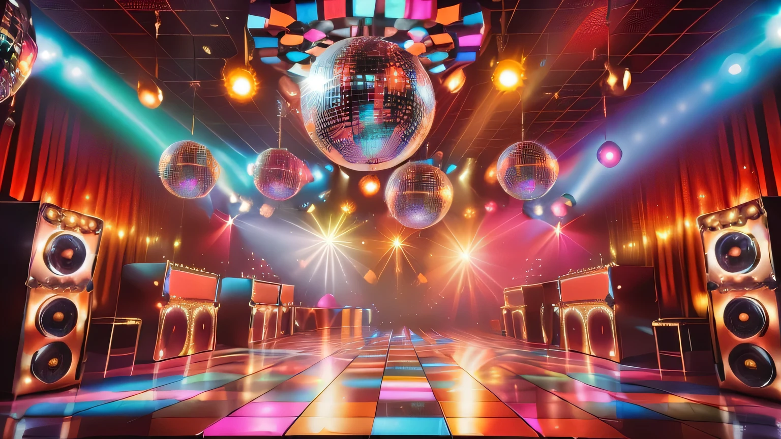 a close up of a disco with disco lights and disco balls, disco balls, disco , disco lighting, dance floor, disco lights, dance hall background, disco broadcast, disco light, nightclub background, disco, lights, Discotheque of the Occult, partylights, reflecting light in a nightclub, background art, disco ball, inspired nightclub dancing