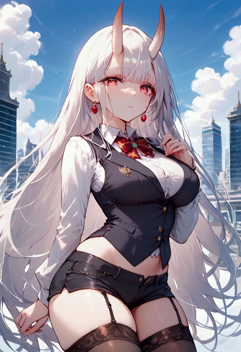score_9, score_8_up, score_7_up, source_anime, (masterpiece), best quality, expressive eyes, perfect eyes, perfect face, oni girl, oni horns, red eyes, soft lips, long hair, very long hair, wide hips, (white hair:1.2), (white eyebrows:1), (white eyelashes:1), medium breasts:0.5, higuchi madoka, big breasts:0.3, standing, background: City, collared shirt, black vest, long sleeves, black shorts, legwear garter, black pantyhose