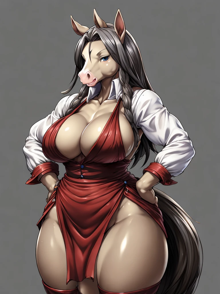((horse)), furry female anthro,horse girl,HD,sharp,beautiful and detailed,woman ((anthro)),1girl,Milf, mature woman,gray skin,(look at viewer) ,by dr comet,by pochincoff, by jlullaby,by kingbang,by obui,by ZeroQrisu,by sparrow,by gmeen,farmer, farmer outfit,standing,((simple background)),(gray background,)