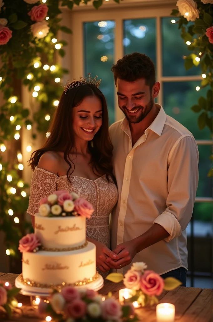 Couple cutting cake and celebrating their anniversary