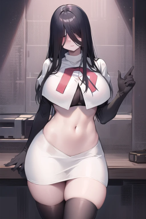 masterpiece, detailed, high quality, absurdres, sadako, (hair over eyes), pale skin, blush, large breasts, curvy, navel, stomach, groin, team rocket,team rocket uniform,white skirt,red letter R,crop top,black thigh-highs,black elbow gloves, cowboy shot,