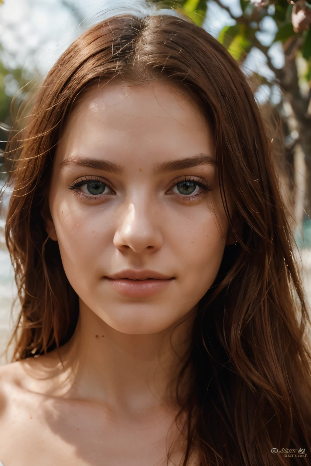 A young woman with long light red hair, Slavic appearance, green eyes, an elongated face, a slight smile and a portrait,detailed bright eyes, 200mm macro lens, Her face and the shine of natural oils, is a celebration of genuine beauty. This 30-year-old embodies the unique blend of cultures, her eyes as deep as the Atlantic Ocean, Extreme Facial Detail with Visible Acne, and Natural Oils taken with Canon EOS R3 mirrorless camera, hyper-realistic skin rendering showcasing every pore, hair, acne, blemish, and trace of oil, dynamic evening illumination, natural beauty, realistic features, Vogue Portugal cover photo style, f/11 --uplight --ar 2:3 --q 2 --style raw --v 5.1