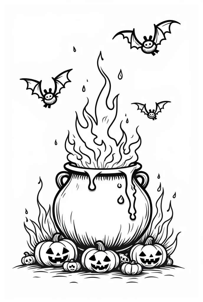 Cute and kawaii halloween magical potion spilling into a cauldron on fire coloring Page, simple for toddlers, bold and easy, black bold lines White background, for a coloring book black and white, líne art, only outlines, but the design is simple and bold, no greyscale