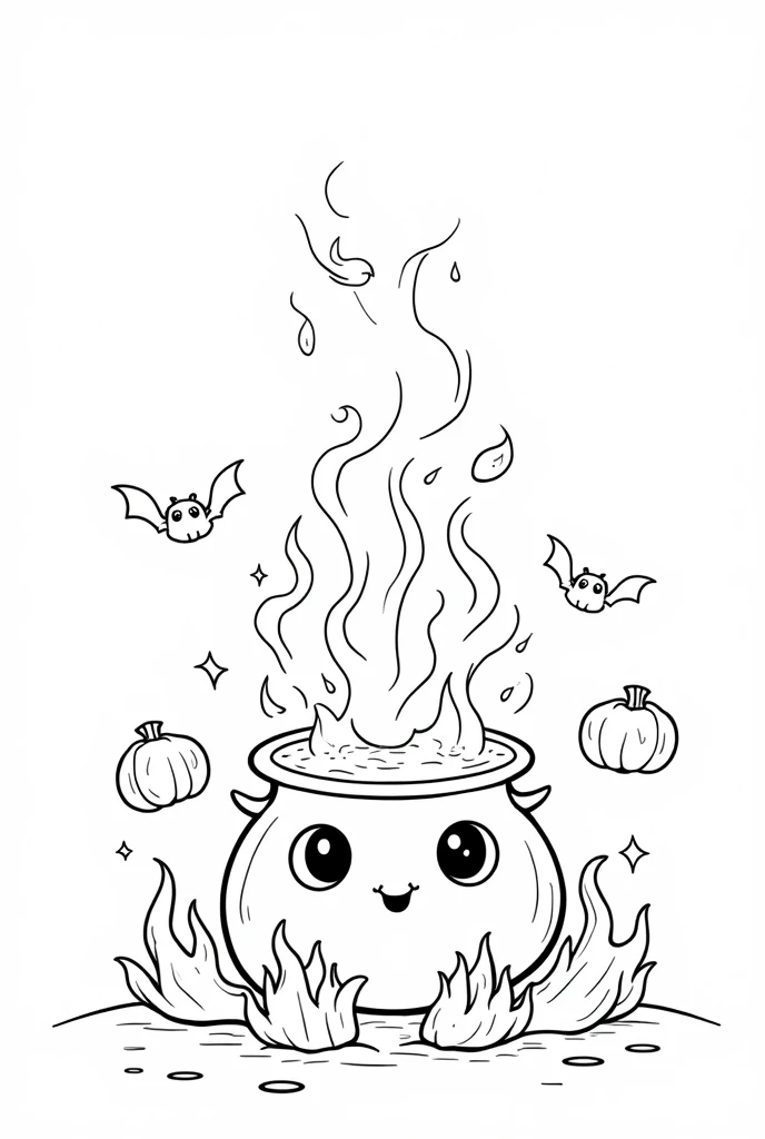 Cute and kawaii halloween magical potion spilling into a cauldron on fire coloring Page, simple for toddlers, bold and easy, black bold lines White background, for a coloring book black and white, líne art, only outlines, but the design is simple and bold, no greyscale