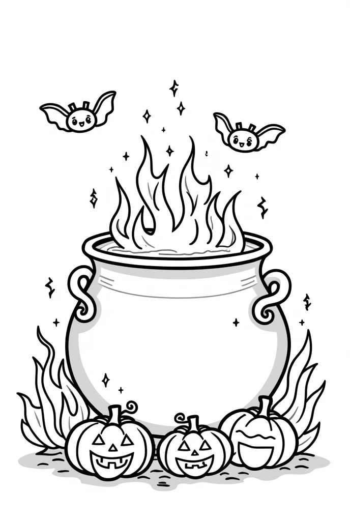 Cute and kawaii halloween magical potion spilling into a cauldron on fire coloring Page, simple for toddlers, bold and easy, black bold lines White background, for a coloring book black and white, líne art, only outlines, but the design is simple and bold, no greyscale