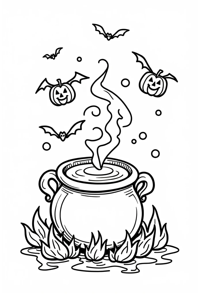 Cute and kawaii halloween magical potion spilling into a cauldron on fire coloring Page, simple for ddlers,bold and easy, black bold lines White background, for a coloring book black and white, líne art, only outlines, but the design is simple and bold, no greyscale