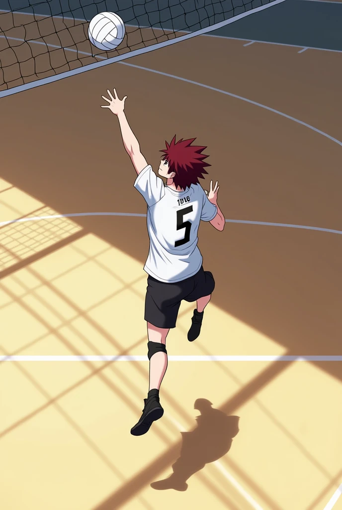 Minimalist volleyball theme wallpaper,men. Indoor. Men spiking with a last name "Monton" and a jersey number "5" . Anime men. Spike form "solo", two block hair maroon jersey,black short, white sock's and shoe's. Preference: hinata shoyo form
