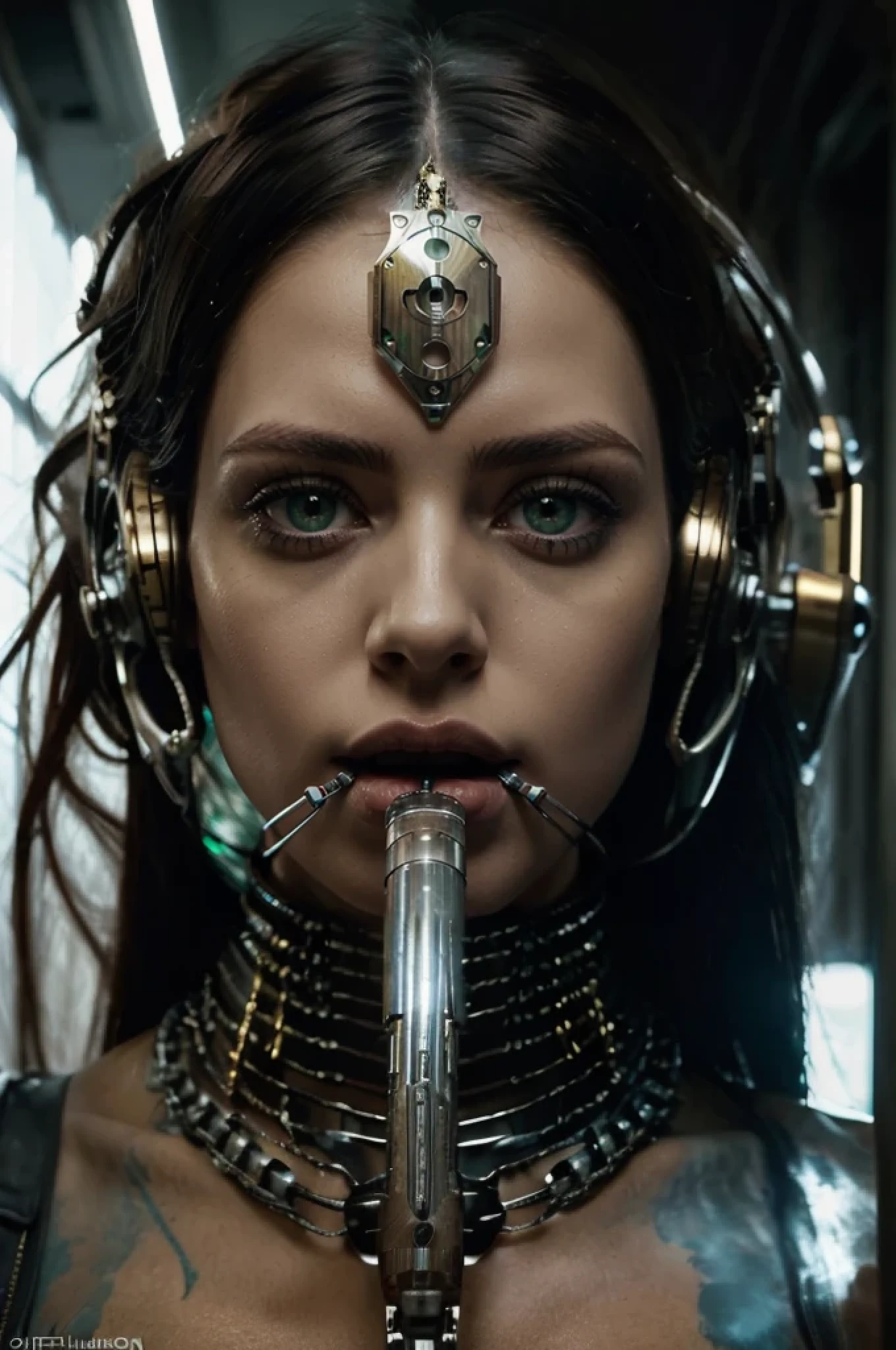 ((The naked girl has a large metal pipe in her mouth, it's a futuristic pipe that the girl is sucking, a blue substance flows out of her mouth)), pipe conecting to the futuristic mahinery, vulgar photo, naked girl, wearing a golden exoskeleton, her hair is wet stuck with a blue substance, topless, is in a futuristic laboratory with lots of different gold machines connected to her naked body topless, naked nipples, large swollen breasts, high detail, hyperrealistic photography, cinema quality, high detail, POV, by lee jeffries, nikon d850, film stock, 4 kodak portra 400, f1.6 camera lens, rich colors, hyperrealistic, lifelike texture, dramatic lighting, cinestil 800, high detail, hyperrealistic photography, cinema quality, high detail, POV, by lee jeffries, nikon d850, film stock, 4 kodak portra 400, f1.6 camera lens, rich colors, hyperrealistic, lifelike texture, dramatic bright lighting, cinestil 800, by Yoshihiko Wada, makoto shinka, krenzcushart, asuka suit under clothes!, makoto, extremely detailed artgerm, cushart kenz, range murata and artgerm, by Krenz Cushart, by Kentaro Miura