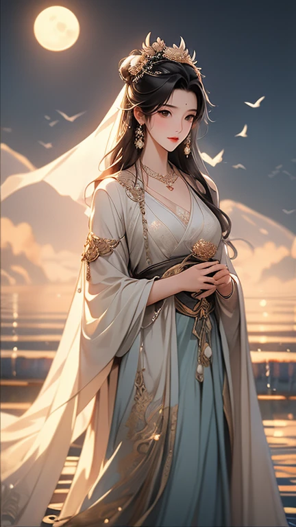 (masterpiece,Highest quality,,8k,High resolution),One female,,Compassionate Mother Kannon,Black Hair,,Wave,,water,,flower,bird,,moon,,jewelry,Holding,Long sleeve,Veil,necklace,Lotus,Long Hair,dress,(whole body),Highly detailed CG,