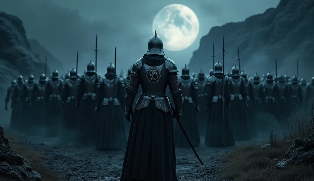 A highly realistic, high-contrast, 8K HD, detailed, hyper-detailed image of a group of knights, led by a lone knight in steel armor with a lion emblem on his chest, all facing the same direction under the cover of night. The knights stand united, their swords at the ready, as they prepare to face the challenges ahead. The dramatic landscape around them is illuminated only by the faint light of the moon and stars, with rugged terrain and ominous skies heightening the intensity of the scene. The atmosphere is tense yet filled with camaraderie and resolve, capturing the unity and unyielding spirit of the knights as they stand together in the darkness. The image is of the highest quality, with ultra-high resolution, RAW photo quality, and Unreal Engine rendering, showcasing the solidarity and strength of the knights as they face the night as one.