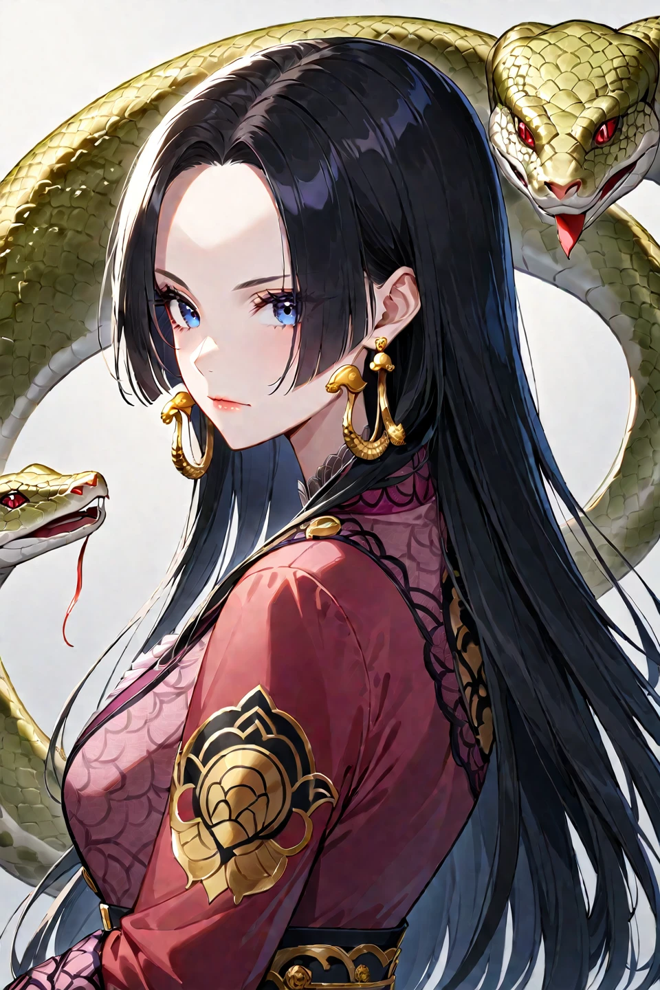 1girl, boa hancock, jewelry, solo, earrings, long hair, black hair, blue eyes, portrait, snake, looking at viewer, closed mouth, ((medium quality)), ((medium quality))
