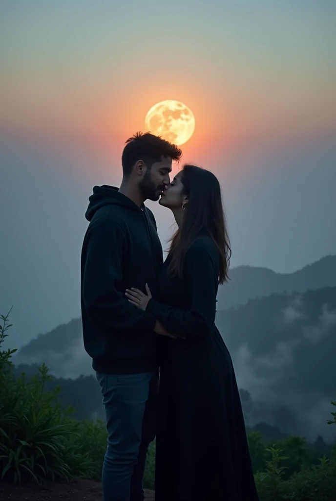 A boy and a girl see's after a longtime from a top of a mountain of kerala🥹 they kissed eachother. The mountains are filled with the fog of kerala and the moon is blooming pleasenty. The boy wears a black hoodie and the girl with black dress it's not night it's evening to night