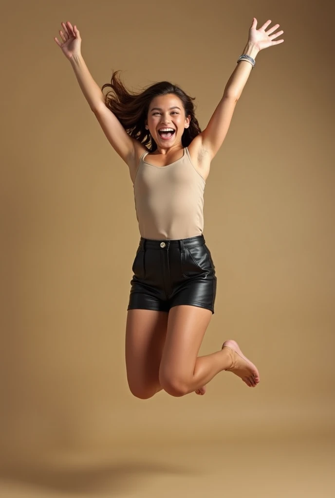 ((Ultra HD:1.2,super high quality:1.2,Photorealism:1.2,Ultra-high resolution,Large exposure、Ultra-fine,solo,Vibrant colors、No medical defects,Not medically excessive)),(Perfectly balanced body),Looking into the camera,(great joy),(Braided ponytail),(Light brown hair),(short hair),(camisole),(leather shorts),(race),Overhead Shot,(Jump),Raise your arms,Studio Lighting