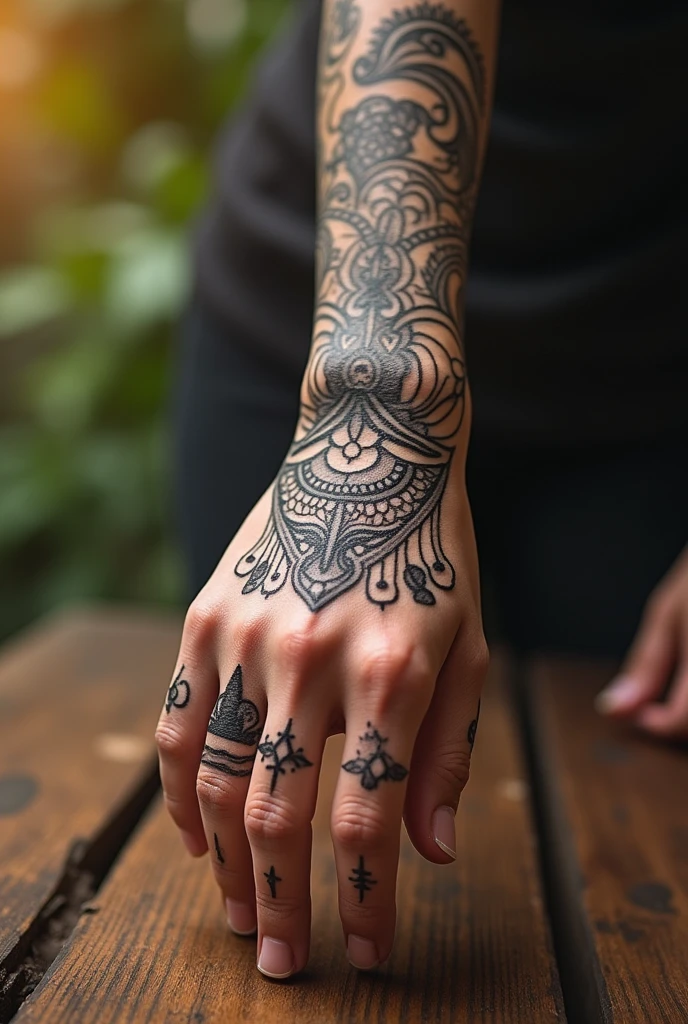 Hand tattoo for a masculine woman that is black and with fine lines