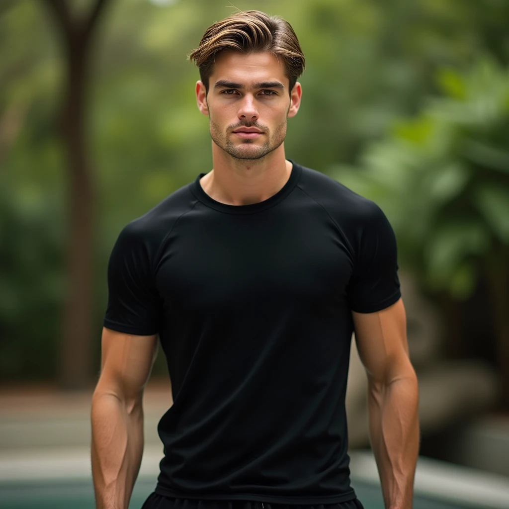 hyperealistic photo A ((full body)) shot of a atractive men. light brown hair with dark blonde highlights on top and sides, clean-shaven face, hazel eyes, wearing a black t-shirt and shorts. The man is 30 years old, sporty body like a swimmer, looking at the camera, ((full body shot)), ultra-realistic photograph captured, high-resolution quality ,detailed face, 8k