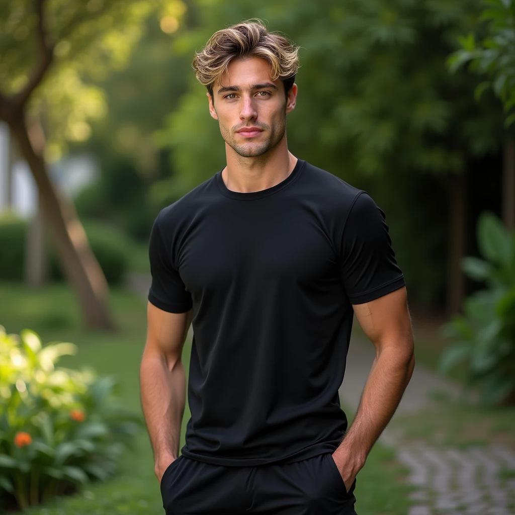 hyperealistic photo A ((full body)) shot of a atractive men. light brown hair with dark blonde highlights on top and sides, clean-shaven face, hazel eyes, wearing a black t-shirt and shorts. The man is 30 years old, sporty body like a swimmer, looking at the camera, ((full body shot)), ultra-realistic photograph captured, high-resolution quality ,detailed face, 8k