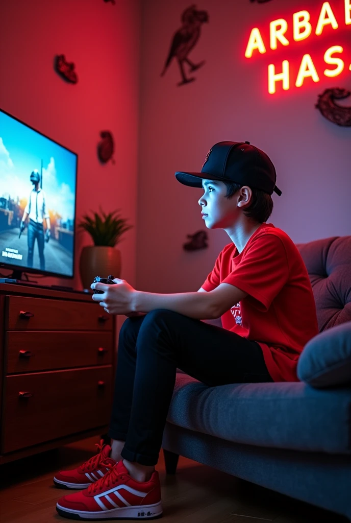 (photorealism:1.2), stylish boy, sitting on sofa in gaming room, wearing red shirt , black pants,red sneakers, black cap,indoors, soft lighting, playing pubg on ps4,cozy room, gaming pose, realistic, intricate details, warm colors, Write Arbab Hassan with capital fonts on the wall.