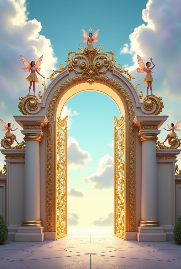 Generate an image of golden and white open gate with entrance with fairies on pillars of gate and add sky and clouds 