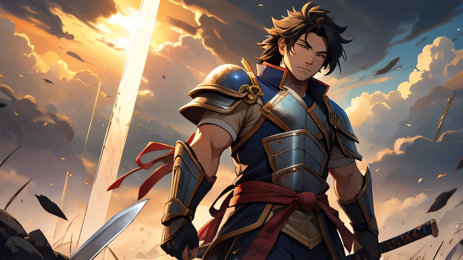 A poignant and emotionally charged image of Sanada Yukimura in his final moments on the battlefield, wearing a suit of pure white armor. The white armor is meticulously detailed, with subtle engravings and a soft, reflective sheen that contrasts with the surrounding carnage. Yukimura stands alone on a hill, overlooking the battlefield where his troops have fallen. The sky above is overcast, with dark clouds threatening rain, but a single ray of sunlight breaks through, illuminating Yukimura’s figure in a warm, golden glow. His face is calm and resolute, his katana held loosely at his side, as if he has accepted his fate. The ground around him is littered with broken weapons and the bodies of fallen soldiers, yet Yukimura remains standing, a solitary figure of honor and sacrifice. The composition is centered on Yukimura, with the light and shadow emphasizing the themes of life, death, and legacy.