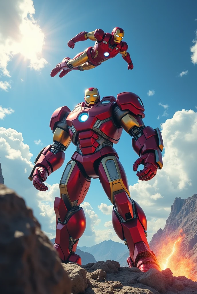 (photorealism:1.2),/imagine iron man fly in the sky fight with hulk buster armor