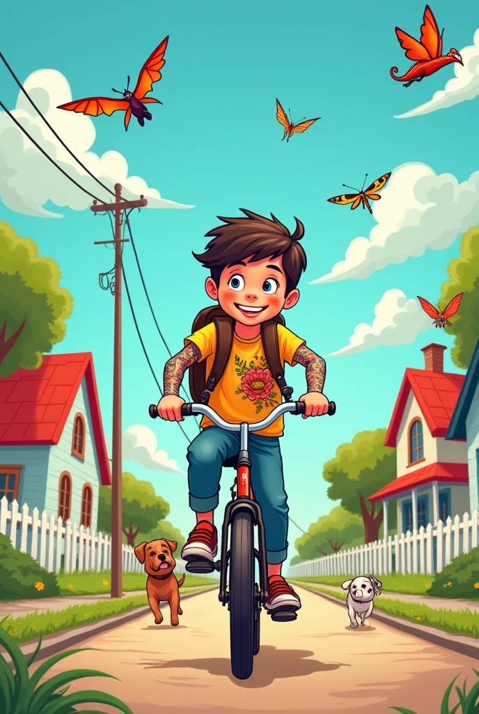 Tattoo taking a boy to school by bicycle