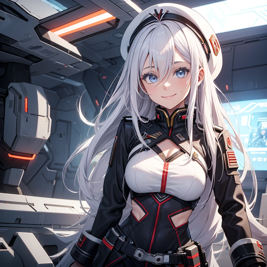 Draw a smiling girl in a futuristic spaceship setting. Her hair is white with a scarlet strand in it. She should look like Vladlena Milize from the anime 86. Black military clothing and beret.