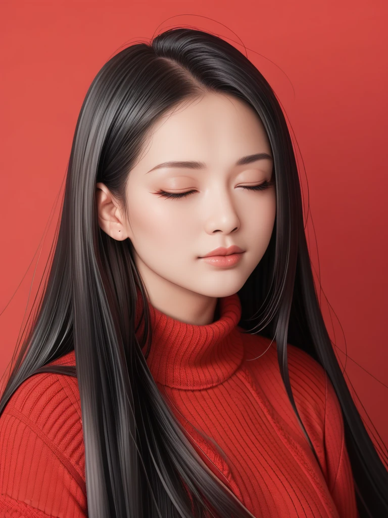 ,score_9,score_8_superior,score_7_superior, 20-year-old, 8k, High resolution, beautiful girl, Black Hair, Very long hair, Straight hair, Mouth closed,
One girl, Detailed face, Beautiful woman face, sweater, Red background, View your viewers,