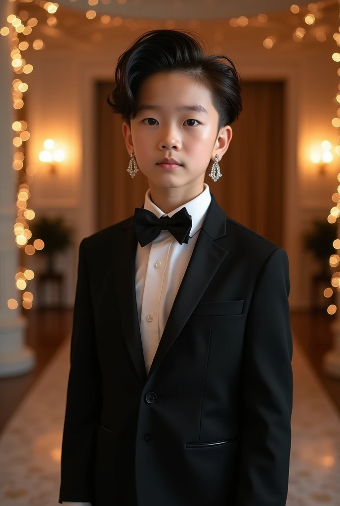 Korean boy with mullet haircut pale skin with tuxedo and earrings