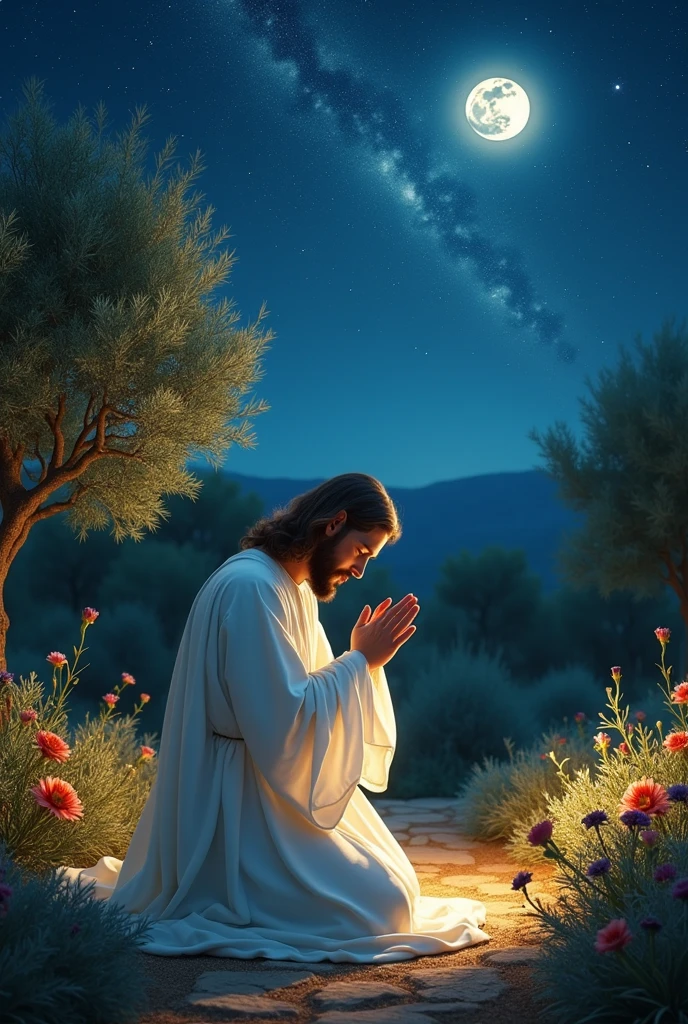 “A peaceful image of Jesus kneeling in a garden, hands clasped in prayer. He is dressed in white robes, with soft moonlight illuminating His face. Around Him, olive trees and flowers gently sway in the breeze, and the night sky is filled with stars, adding to the sense of calm and serenity.”