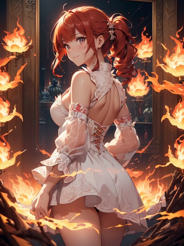 (((best quality, sharp image, clear image, cinematic lighting, 8k resolution, masterpiece, ultra detailed, intricate))) Girl, (((looking over left shoulder))), (shot from behind), ((half shot)), fiery red hair, pigtails, ((white dress)), ((flaming sigils, flaming runes)), spiky rock formations, (flaming lotus flowers frame), (intricate background), ((Phoenix)), (swirling flames), smiling