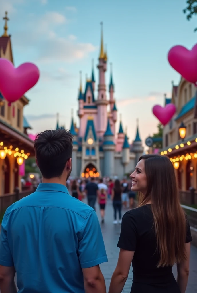 A man named Steve with blue shirt gets cheated by the girl named Emily wearing black clothes
At Disneyland usa