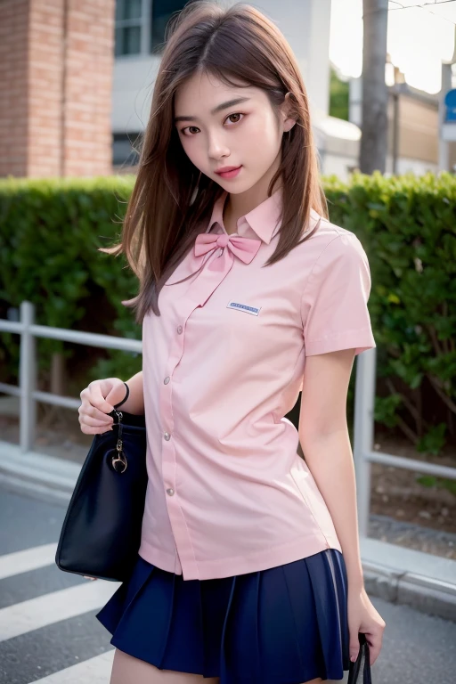 (32K, RAW photo, best quality, mastery:1.3),(realistic,photo-realistic:1.37),(night),(looking viewer:1.331),(pink silver hair),posing,Tokyo street,nightcityscape,Cyberpunk City ,softlighting,1girl,Extremely beautiful face,Bust,put down hands,smiled,Alvine,(Short-sleeved JK_shirt),JK_style,(Navy JK_skirt),(Bow JK_tie),mix4,Messy Hair,Light makeup,Prostitute,A young, slim, beautiful girl,Beautiful nipples,Flat Chest,Tiny bust,Beautiful girl with slender body,Small waist,Prostitute,Street Prostitute,Small Ass,Thin legs,Very beautiful, but a loose woman who seems to have personality problems.,