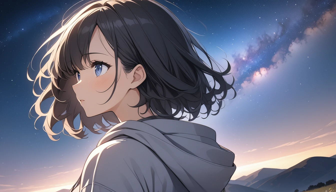 Starry Sky、milky way、A woman at the center、Black Hair、Short Hair、Hair blowing in the wind、Blue Eyes、Wearing a hoodie、Back view、Upper Body、Low - Angle